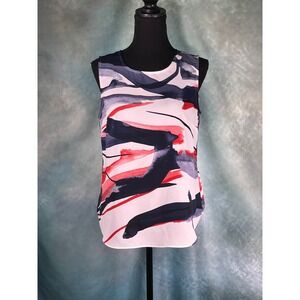 DKNY Womens Small Abstract Brushstroke Sleeveless Blouse Navy Red White Top